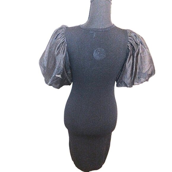 PASTEL COLLECTIONS BLACK KNIT MIDI DRESS W/ SHEER PUFF SLEEVES & CRYSTAL HEART - Picture 2 of 7